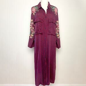 ZARA TRF Embroidered Boho Western Grunge Cowgirl Floral Duster Plaid Shirt Dress